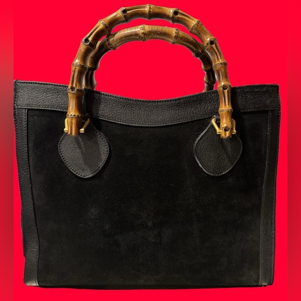 Gucci Vintage Dianna Black Suede and Leather with Bamboo Handles